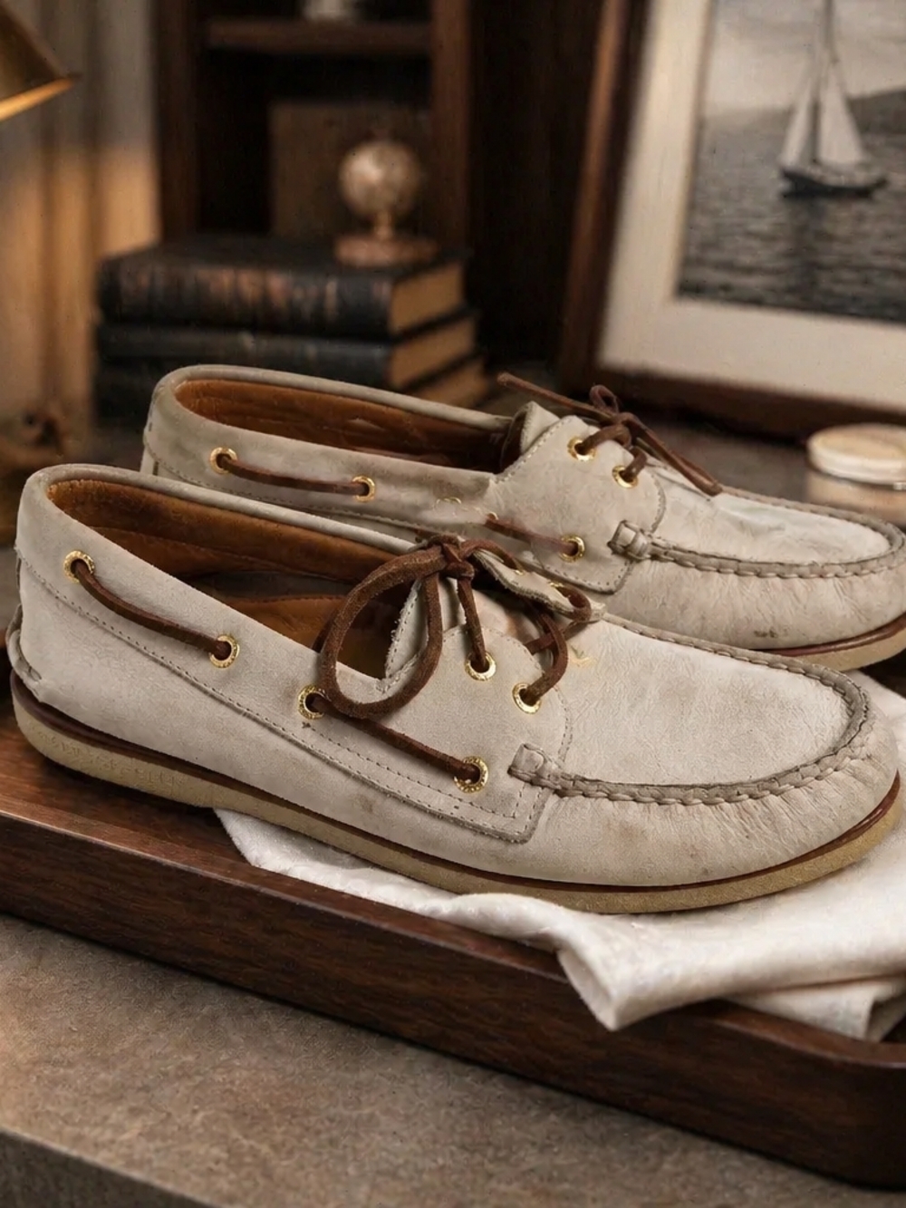 Men's Boat Shoes in Light Beige - Classic Lace-Up Casual
